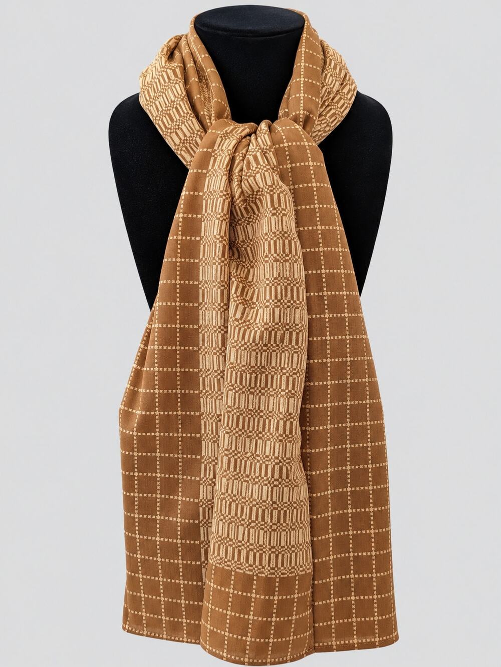 Calvin Klein Oblong Geometric Grid Scarf Earth Tone Brown Khaki